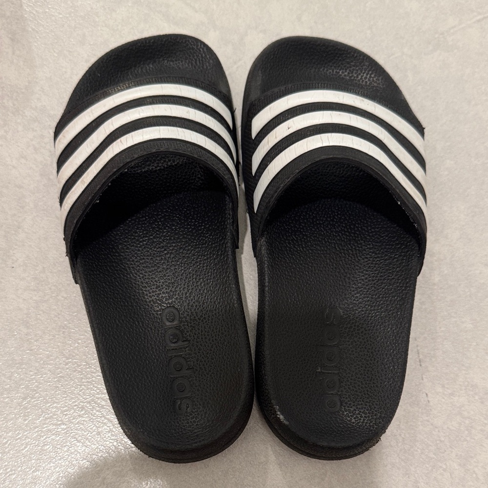 Adidas Kids Black and White Striped Slides